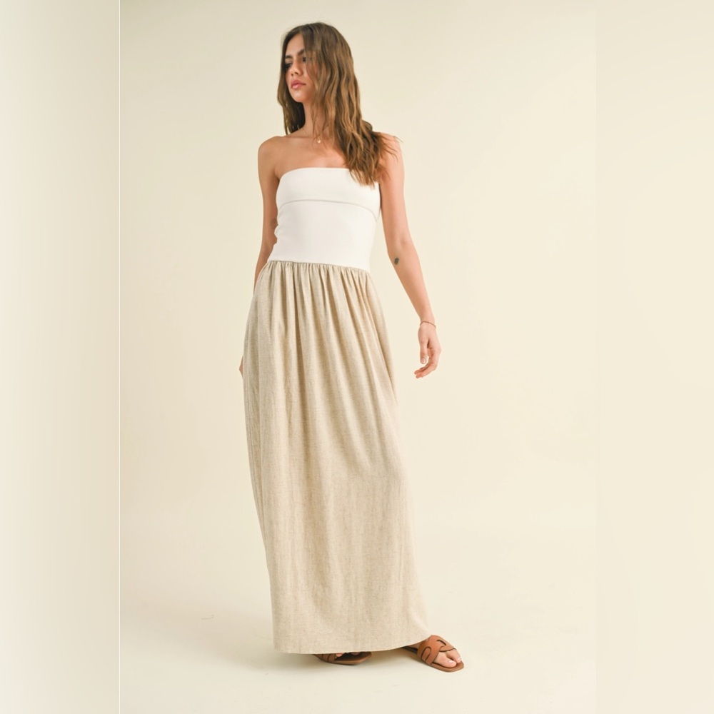 Strapless White & Natural Maxi Dress